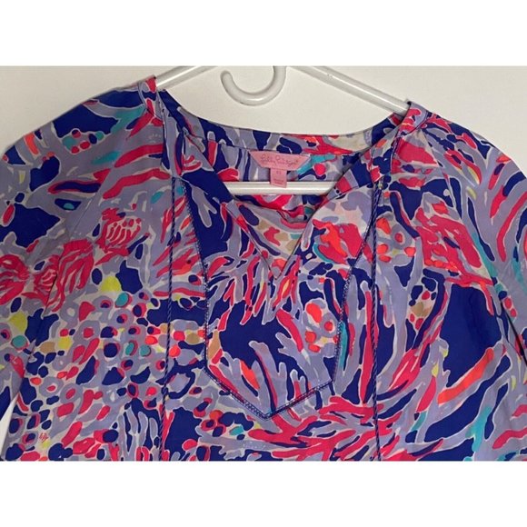 Lilly Pulitzer Women's XS Long Sleeve V-Neck Silk Elsa Top Pink Purple White - Picture 6 of 12